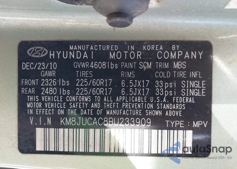 2011 Hyundai Tucson Gls z USA, uszkodzony, nr VIN KM8JUCAC8BU233909